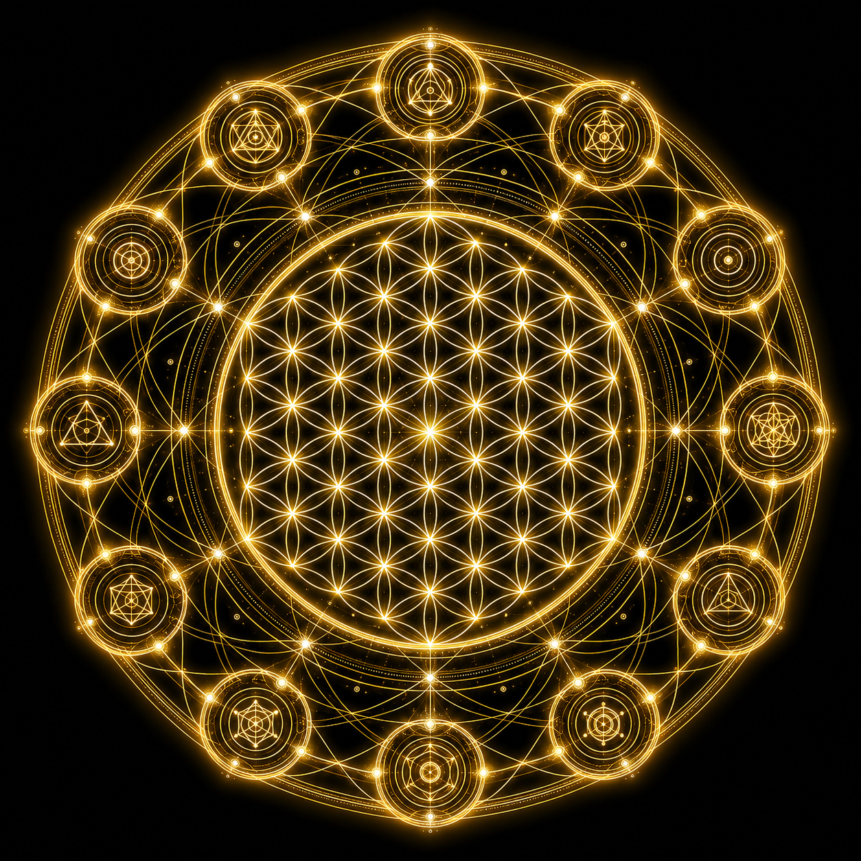 Sello de Cosmosciencia Armónica en geometría sagrada dorada sobre fondo negro